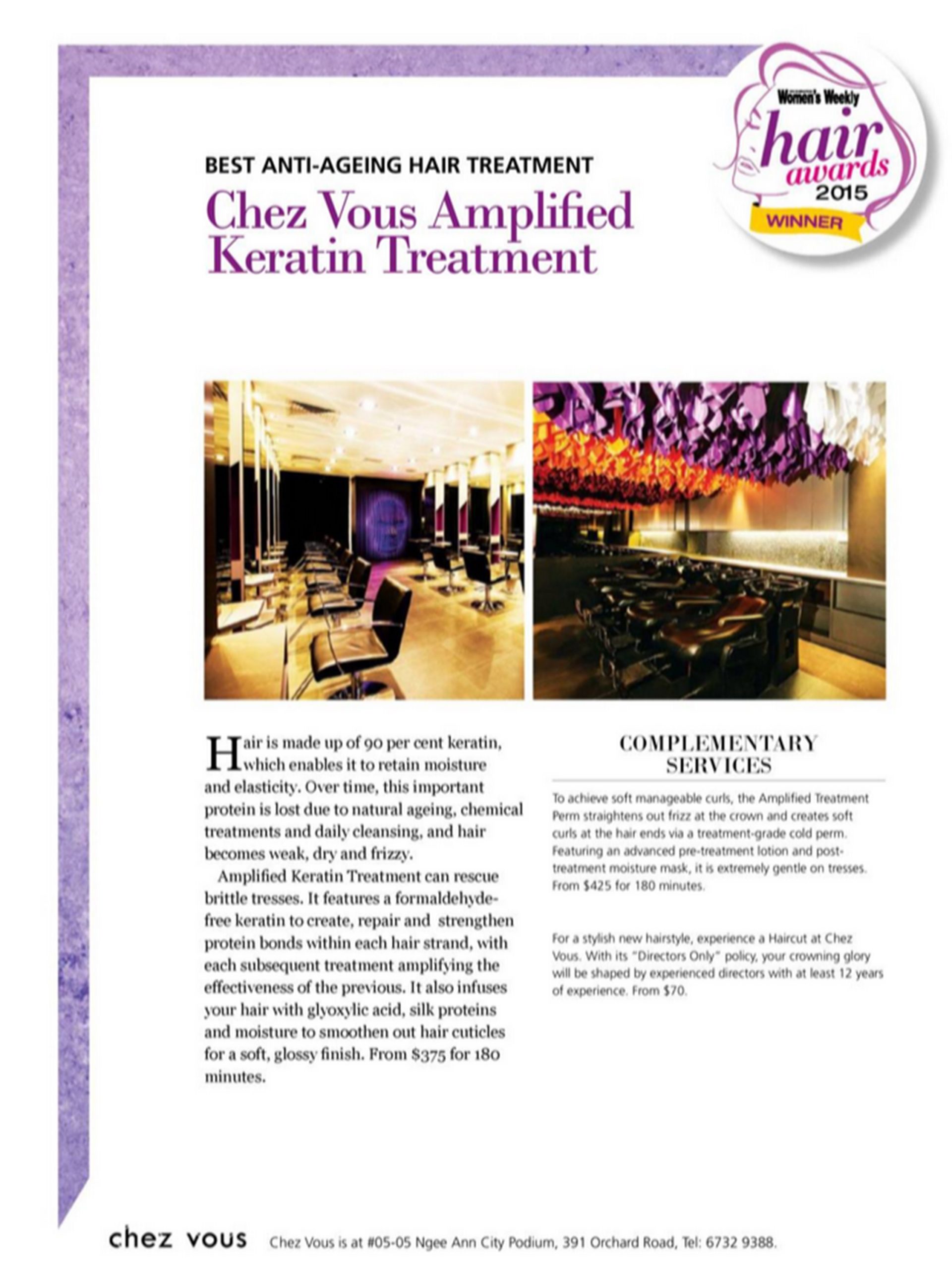 Chez Vous Salon: Best Anti Ageing Hair Treatment for our Signature Amplified Keratin Treatment | The Singapore Women's Weekly Hair Awards